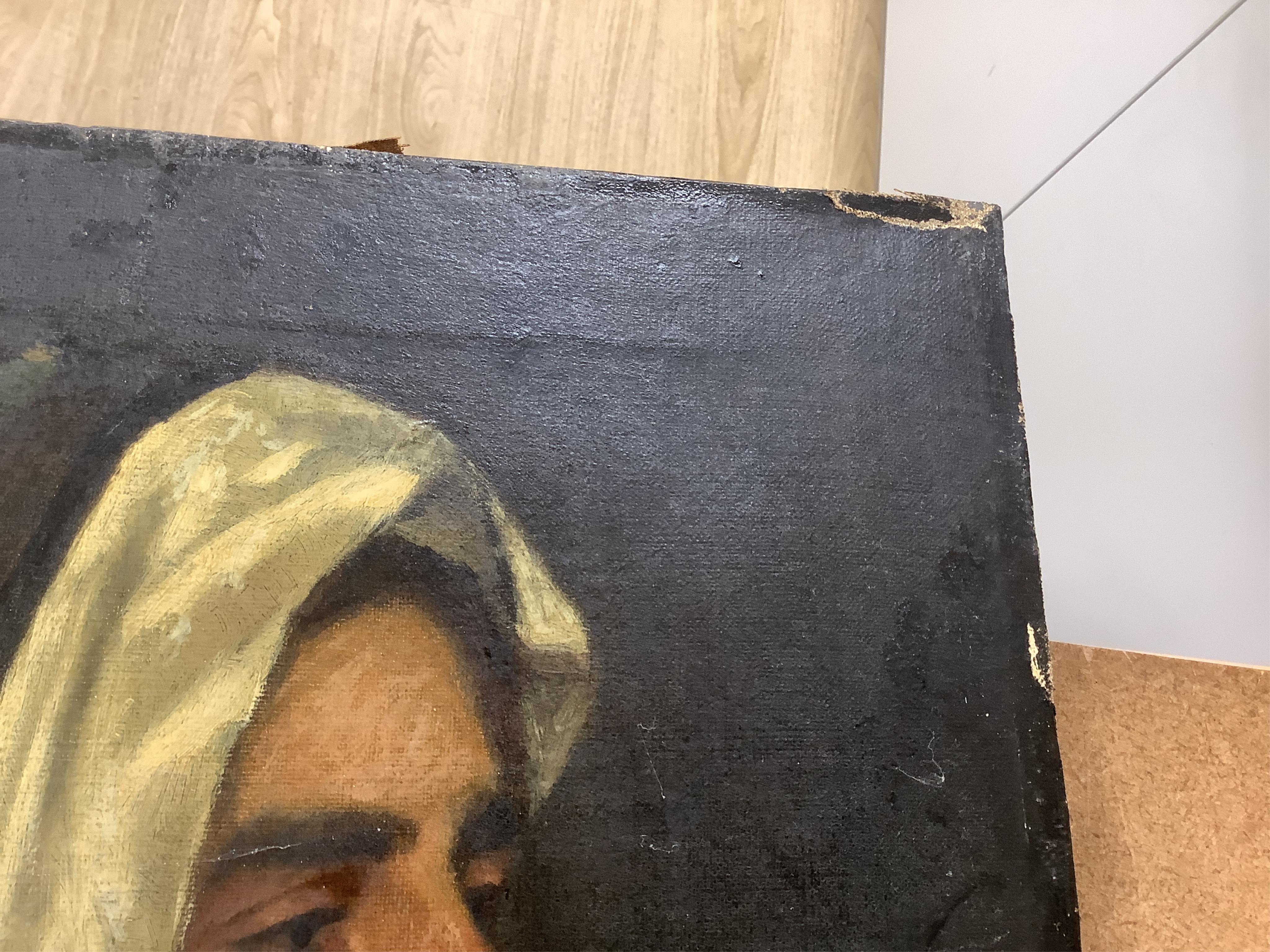 Late 19th / early 20th century, English School, Portrait of an Arab, unsigned, oil on canvas, stamp verso, in frame, 50 x 40cm